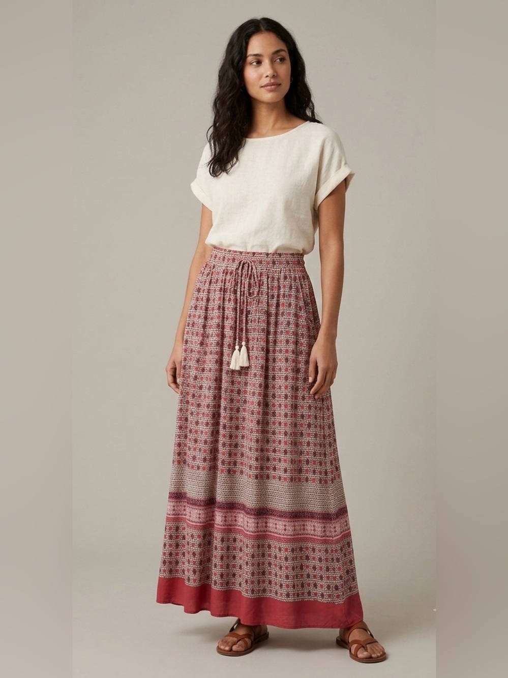 Printed Pink Border Maxi Skirt with Tassel Drawstring